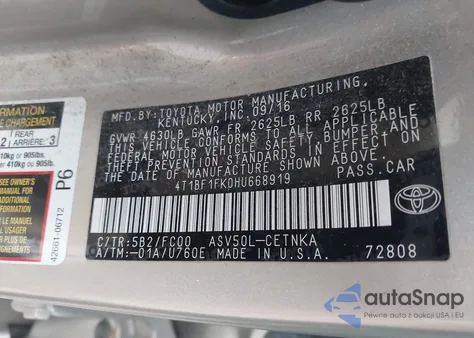 2017 Toyota Camry Le из США, поврежденный, VIN 4T1BF1FK0HU668919